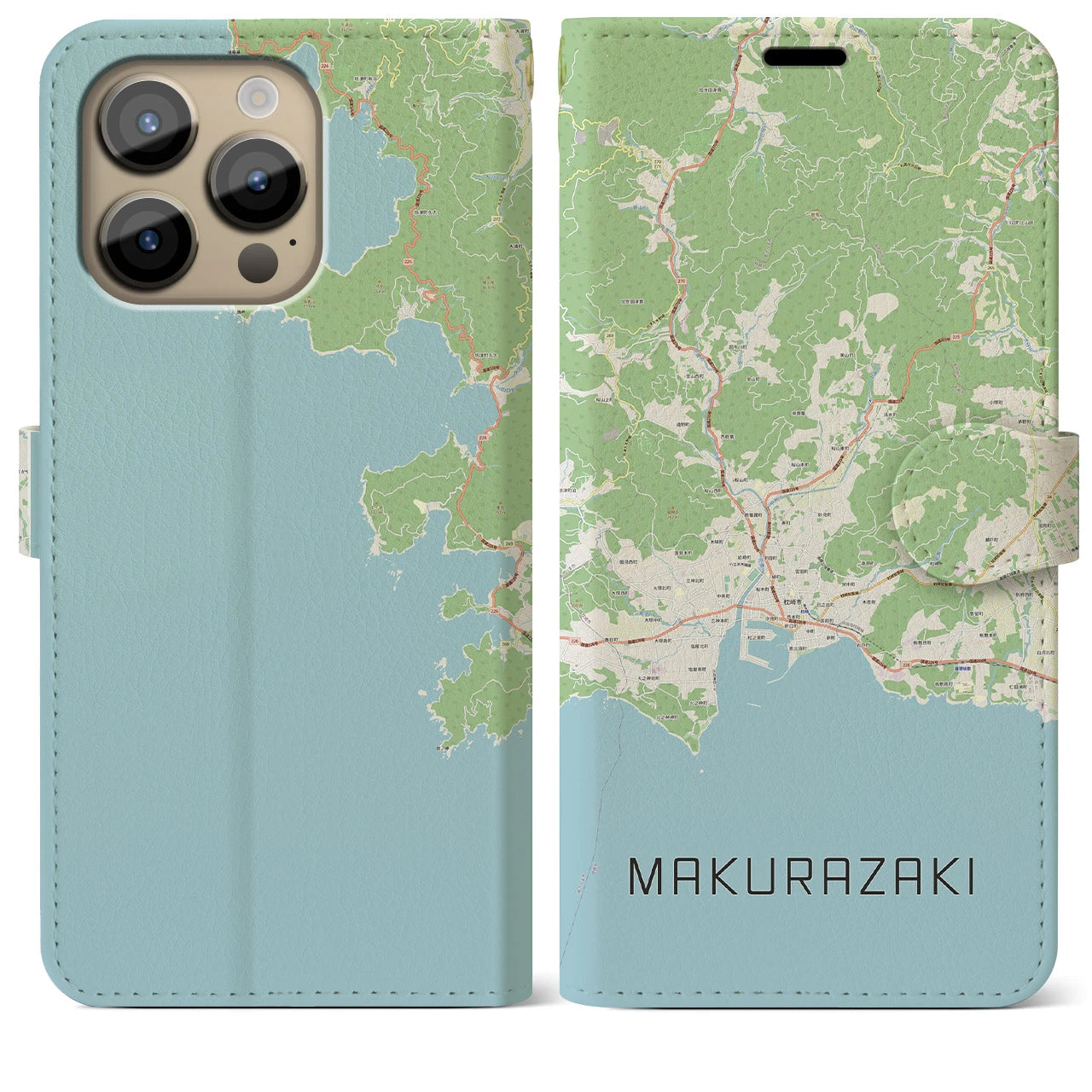 【枕崎(鹿児島県)】地図柄iPhoneケース(手帳タイプ)ナチュラル・iPhone 14 Pro Max 用