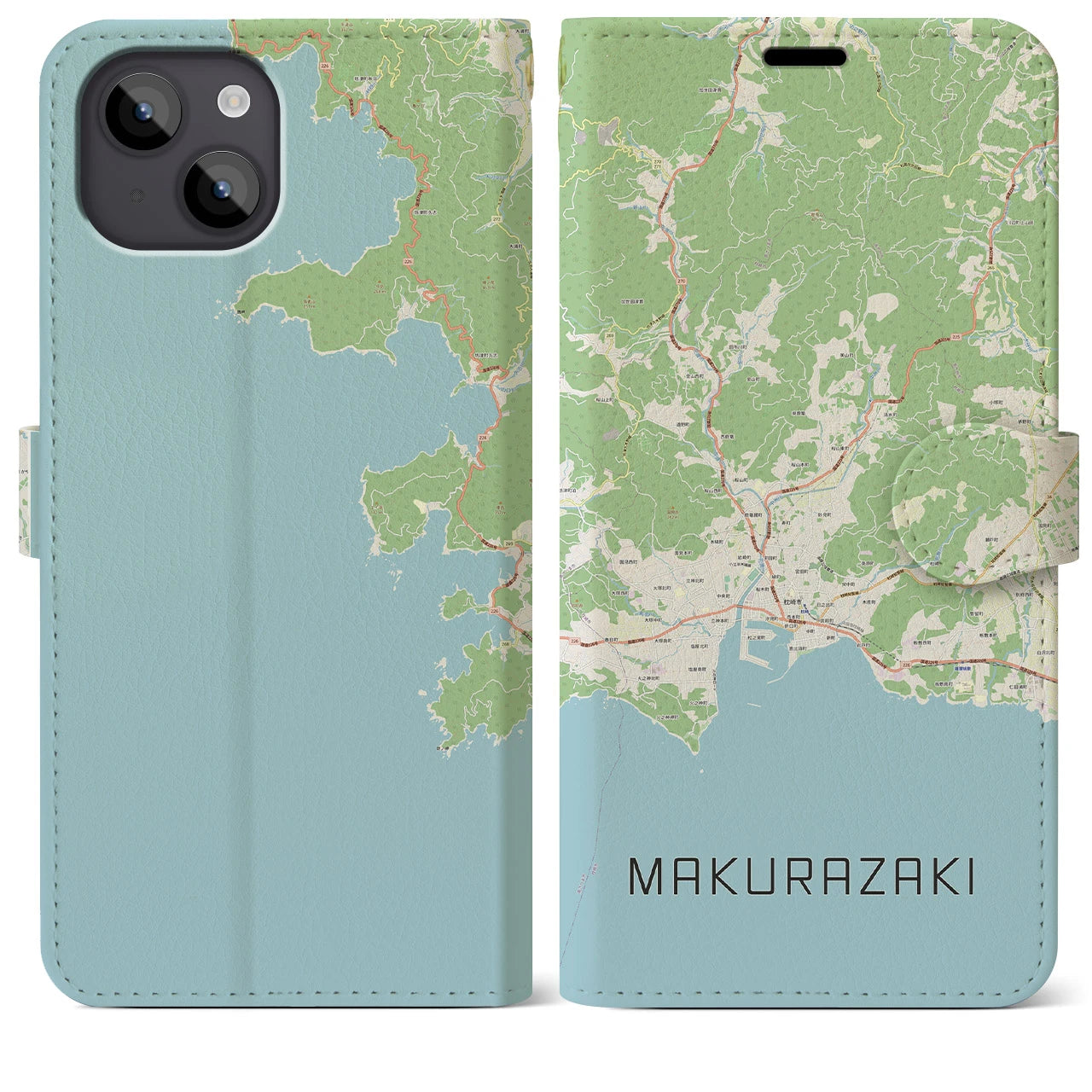 【枕崎(鹿児島県)】地図柄iPhoneケース(手帳タイプ)ナチュラル・iPhone 14 Plus 用