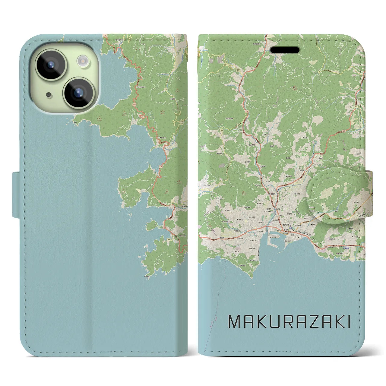 【枕崎(鹿児島県)】地図柄iPhoneケース(手帳タイプ)ナチュラル・iPhone 15 用