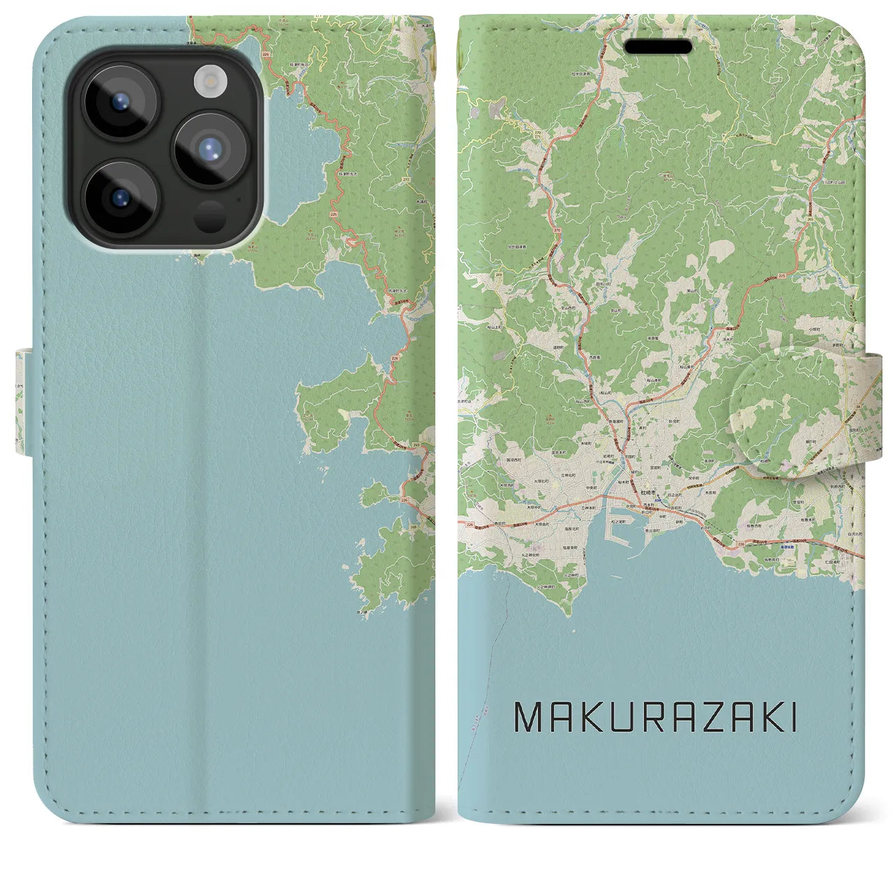 【枕崎(鹿児島県)】地図柄iPhoneケース(手帳タイプ)ナチュラル・iPhone 15 Pro Max 用