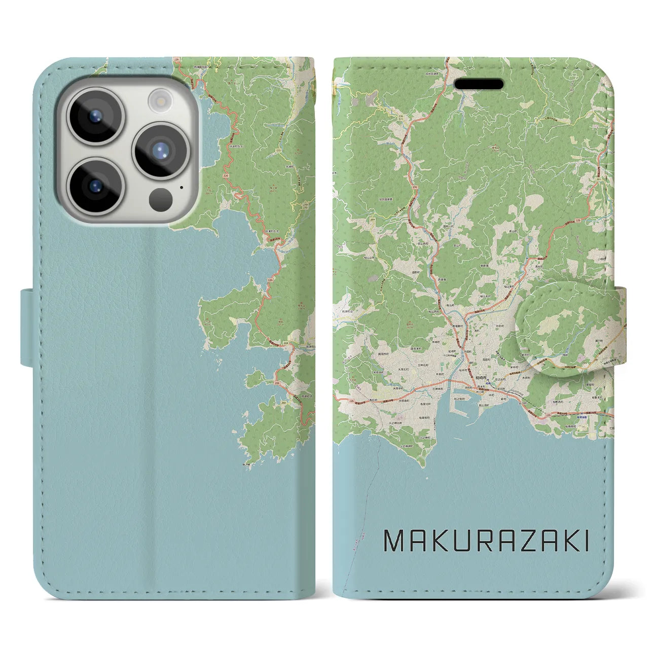 【枕崎(鹿児島県)】地図柄iPhoneケース(手帳タイプ)ナチュラル・iPhone 15 Pro 用