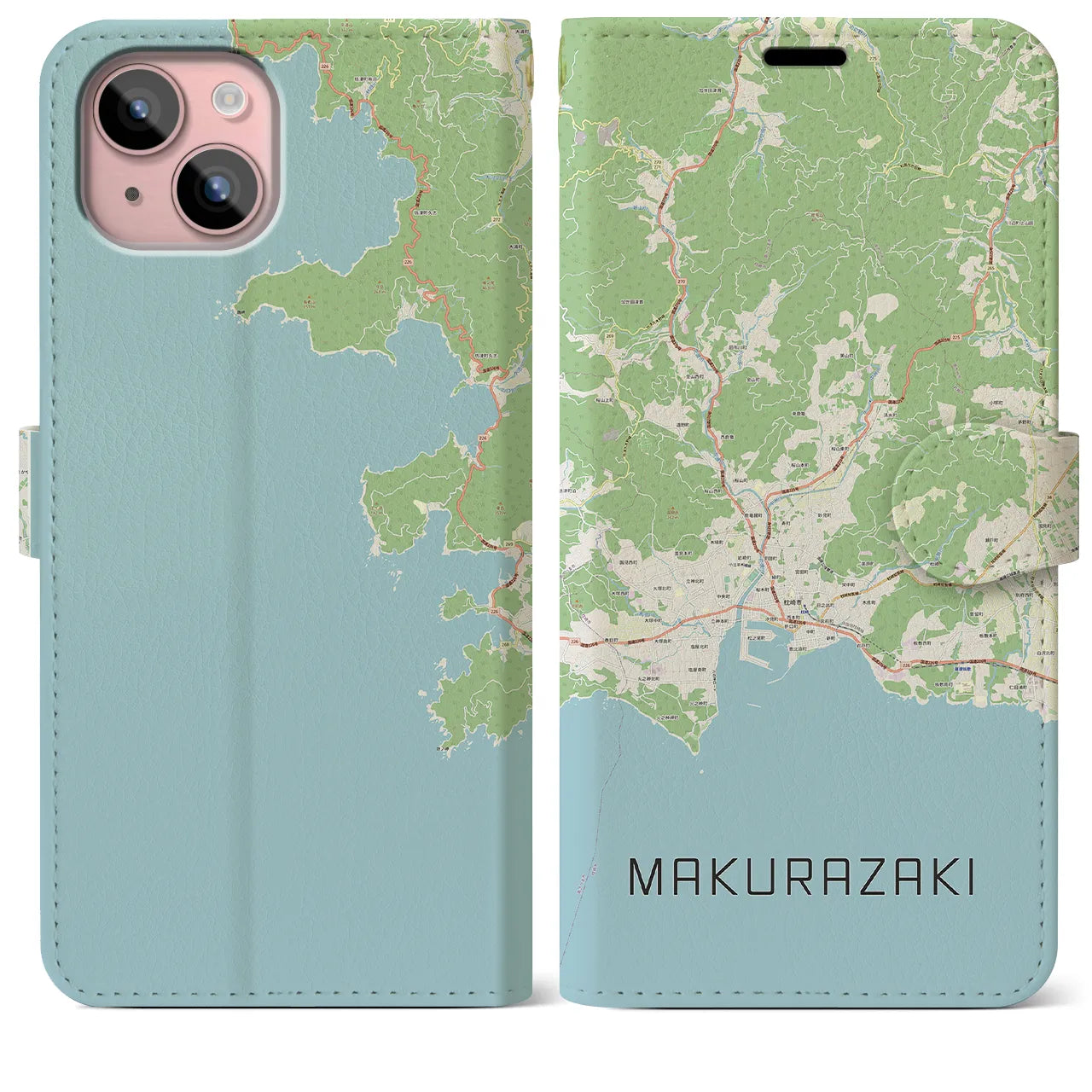 【枕崎(鹿児島県)】地図柄iPhoneケース(手帳タイプ)ナチュラル・iPhone 15 Plus 用