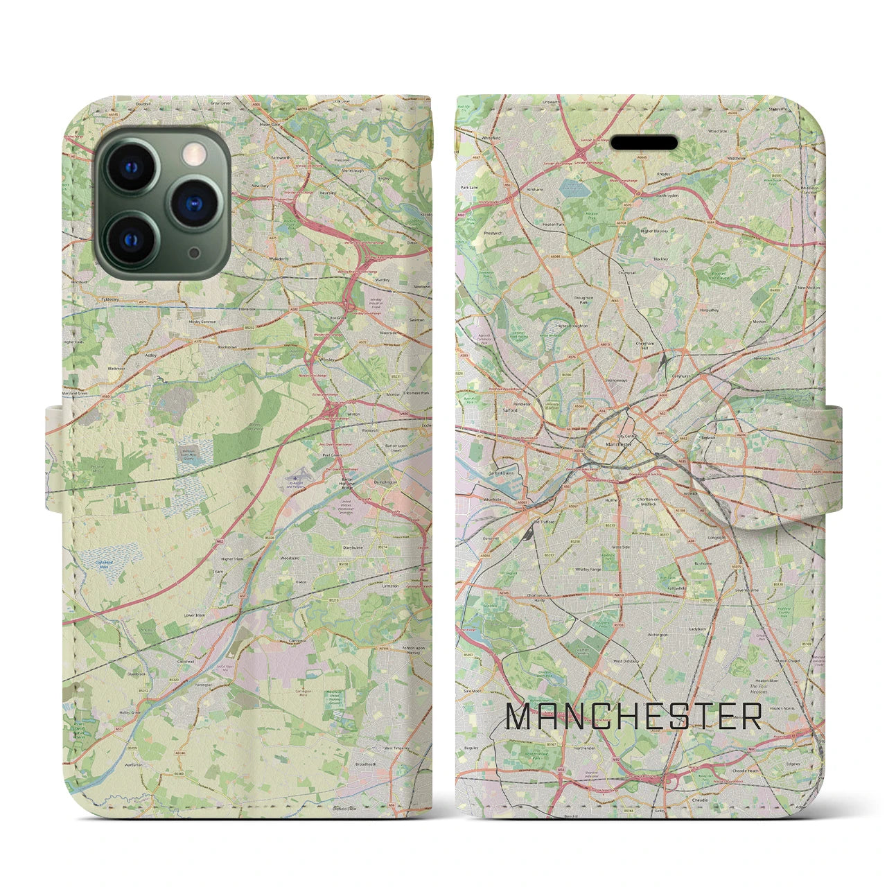 【マンチェスター(イギリス)】地図柄iPhoneケース(手帳タイプ)ナチュラル・iPhone 11 Pro 用