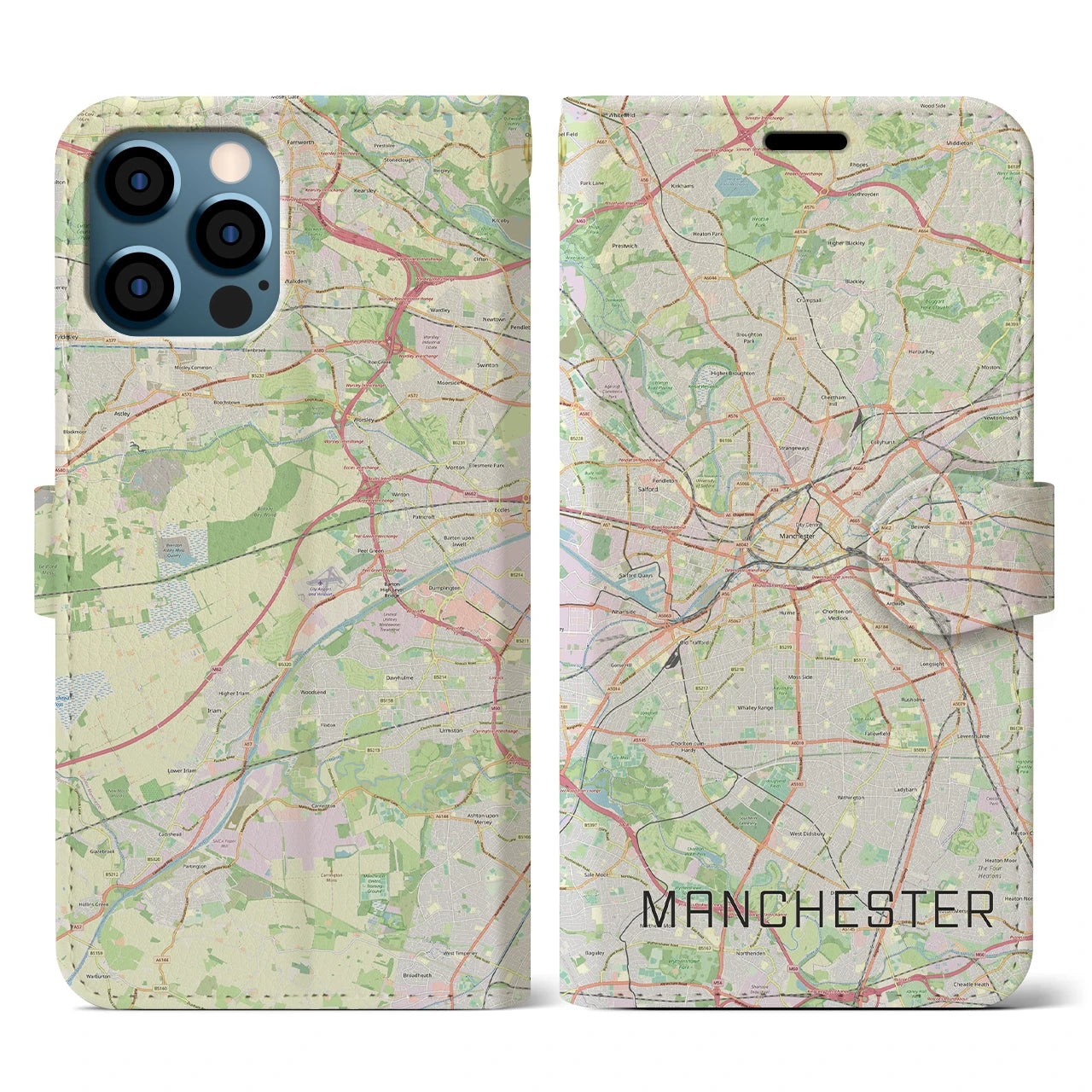 【マンチェスター(イギリス)】地図柄iPhoneケース(手帳タイプ)ナチュラル・iPhone 12 / 12 Pro 用