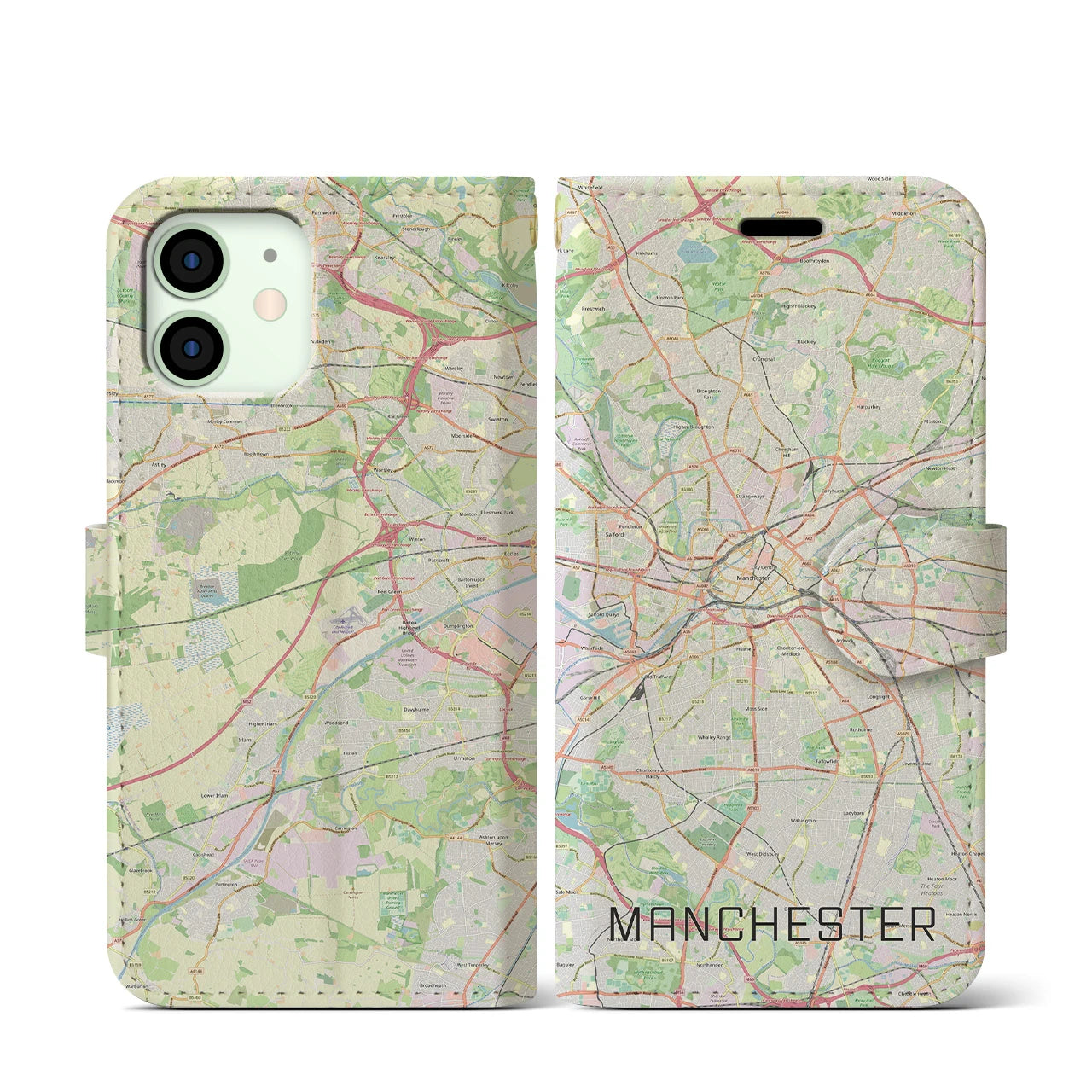 【マンチェスター(イギリス)】地図柄iPhoneケース(手帳タイプ)ナチュラル・iPhone 12 mini 用