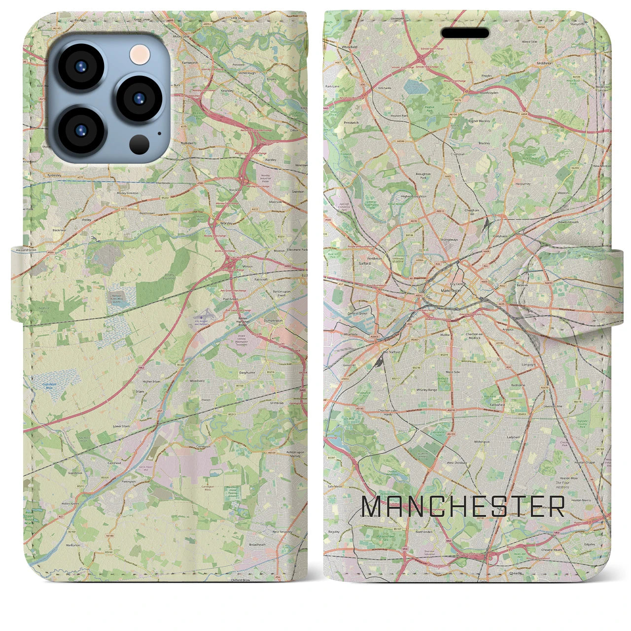 【マンチェスター(イギリス)】地図柄iPhoneケース(手帳タイプ)ナチュラル・iPhone 13 Pro Max 用