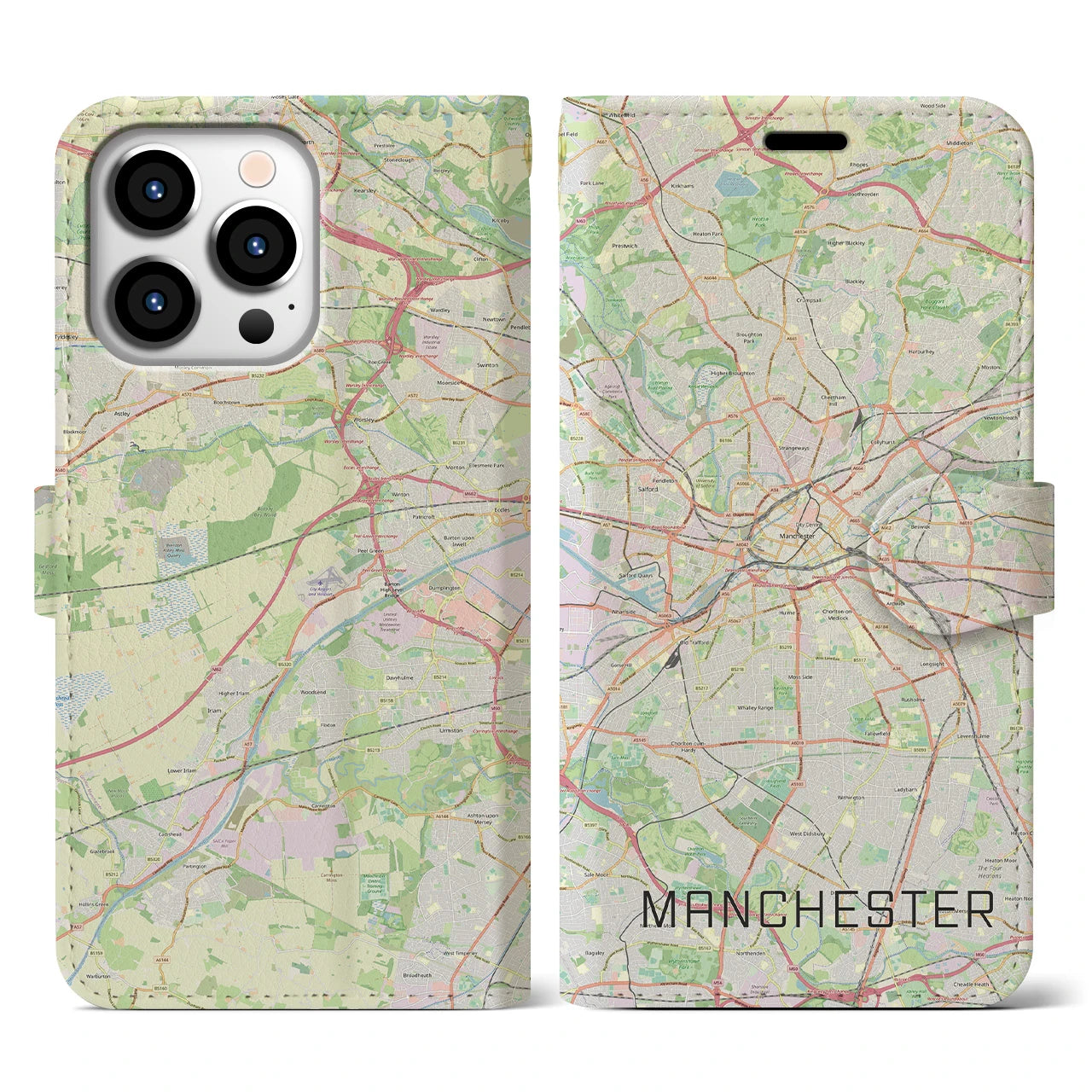 【マンチェスター(イギリス)】地図柄iPhoneケース(手帳タイプ)ナチュラル・iPhone 13 Pro 用