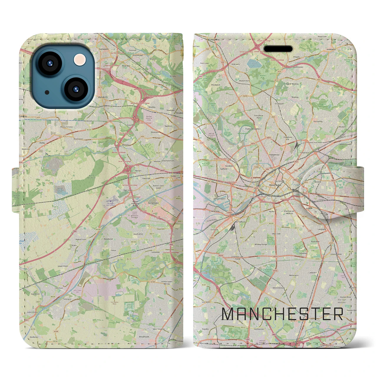 【マンチェスター(イギリス)】地図柄iPhoneケース(手帳タイプ)ナチュラル・iPhone 13 用