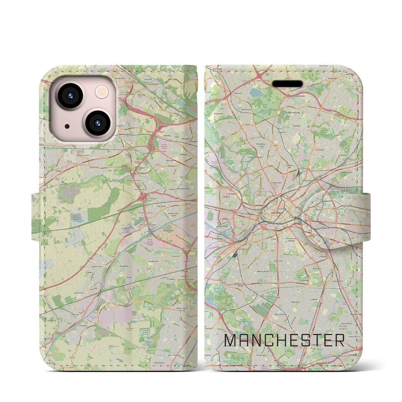 【マンチェスター(イギリス)】地図柄iPhoneケース(手帳タイプ)ナチュラル・iPhone 13 mini 用
