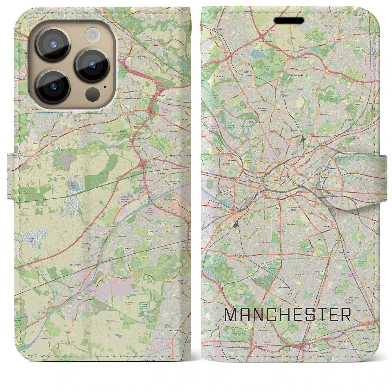 【マンチェスター(イギリス)】地図柄iPhoneケース(手帳タイプ)ナチュラル・iPhone 14 Pro Max 用