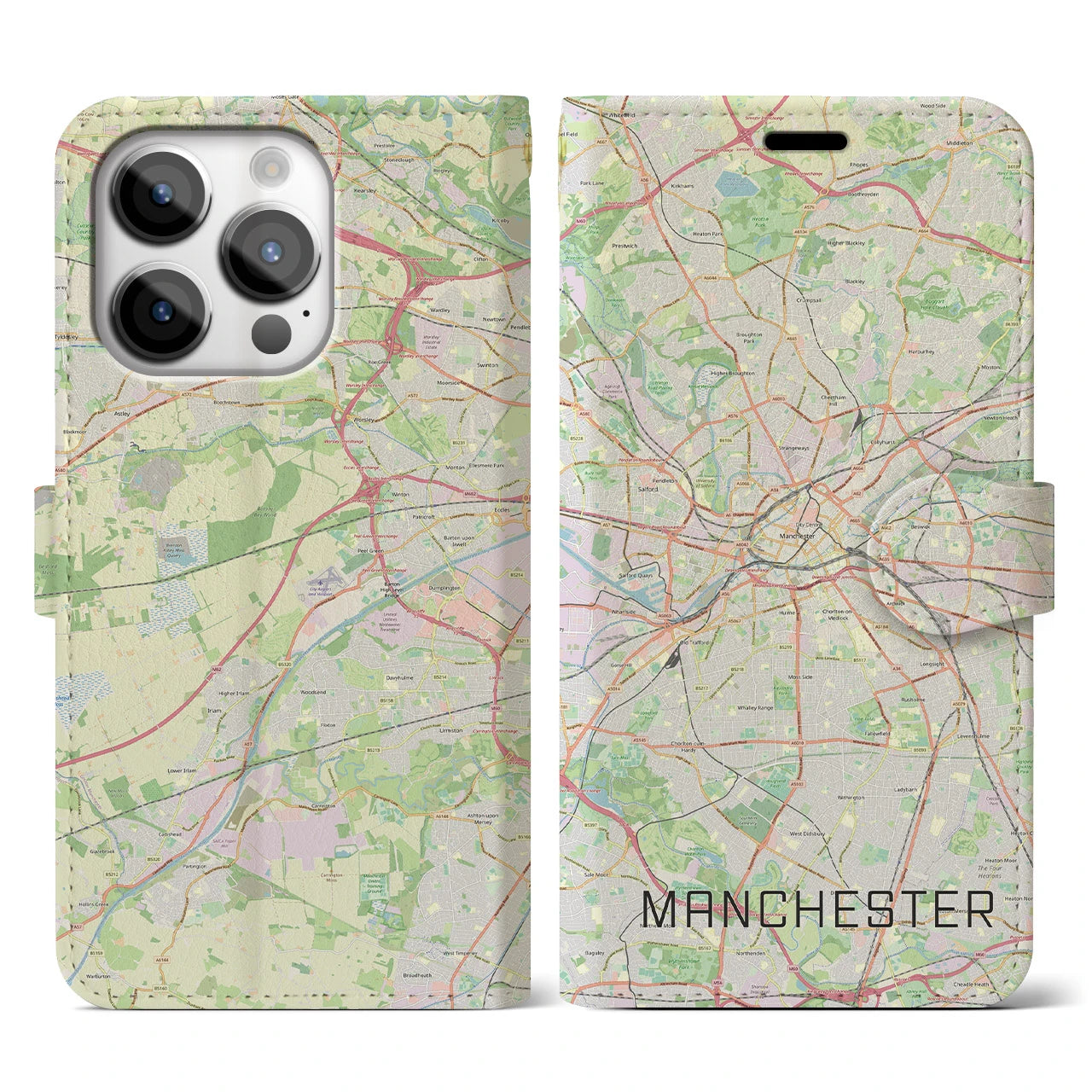【マンチェスター(イギリス)】地図柄iPhoneケース(手帳タイプ)ナチュラル・iPhone 14 Pro 用
