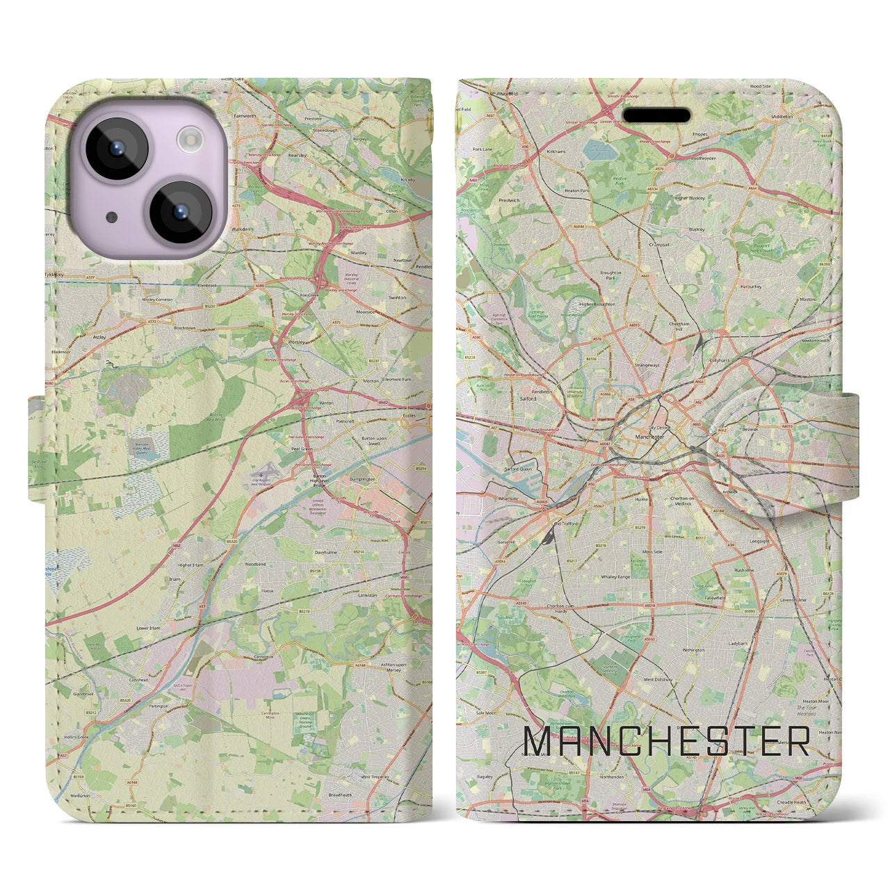 【マンチェスター(イギリス)】地図柄iPhoneケース(手帳タイプ)ナチュラル・iPhone 14 用