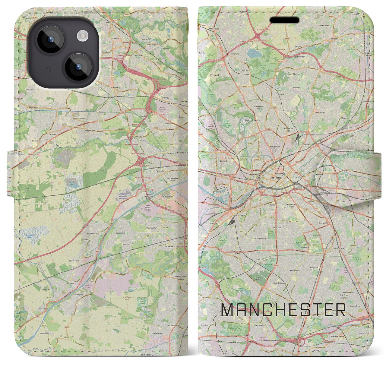 【マンチェスター(イギリス)】地図柄iPhoneケース(手帳タイプ)ナチュラル・iPhone 14 Plus 用