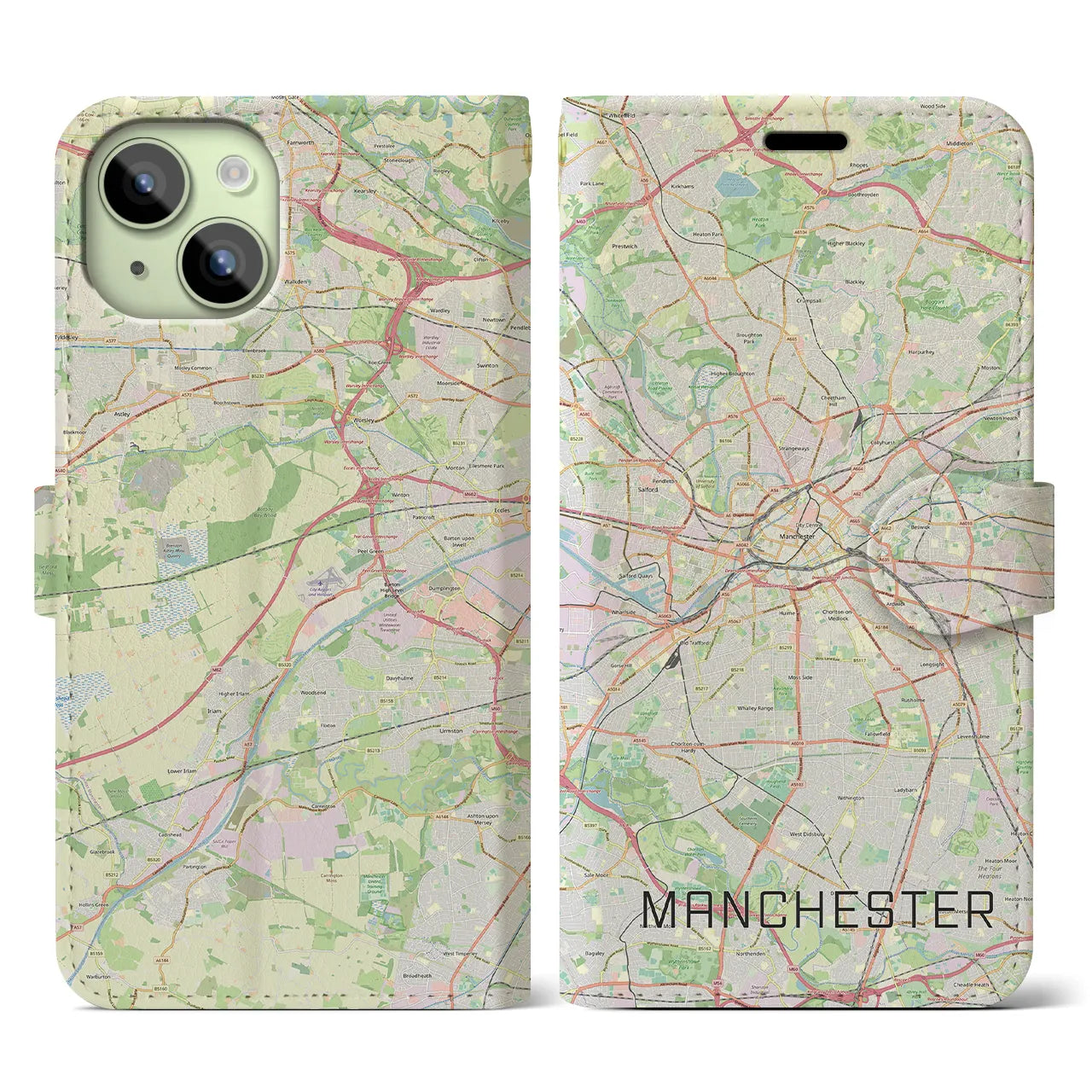 【マンチェスター(イギリス)】地図柄iPhoneケース(手帳タイプ)ナチュラル・iPhone 15 用