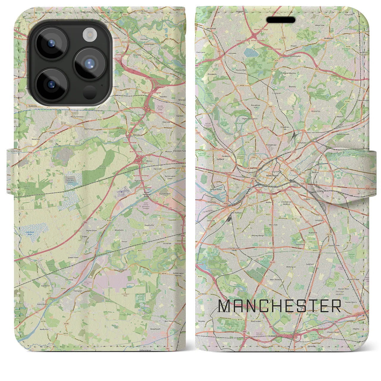【マンチェスター(イギリス)】地図柄iPhoneケース(手帳タイプ)ナチュラル・iPhone 15 Pro Max 用