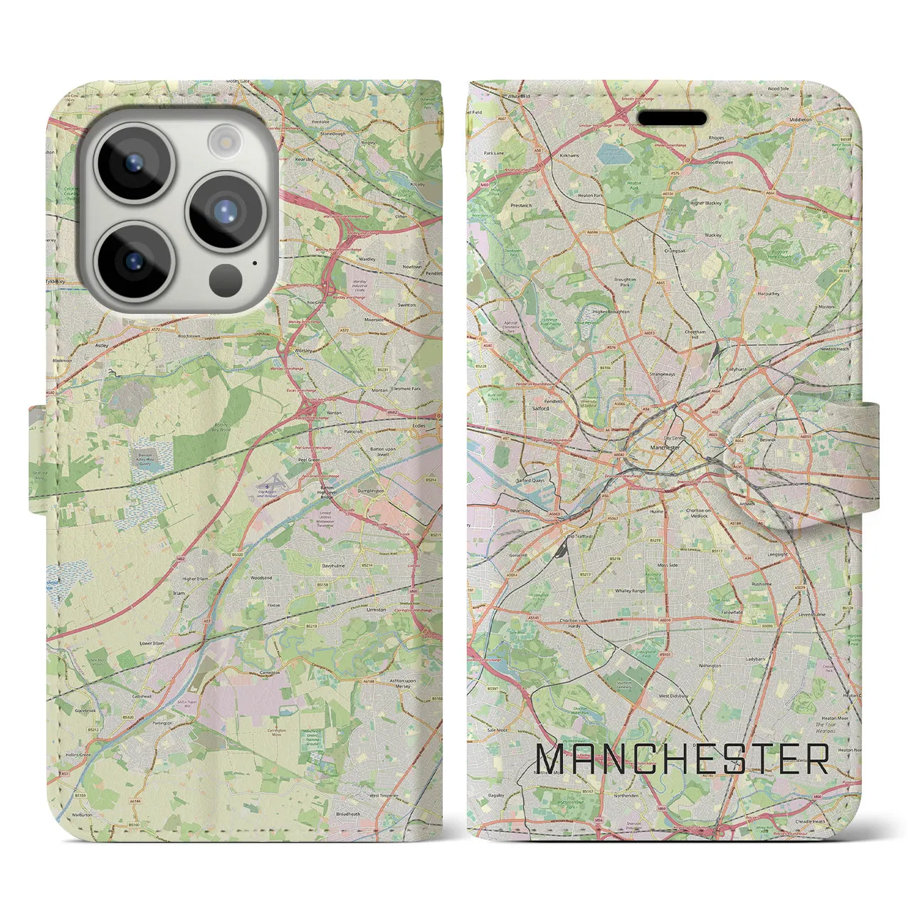 【マンチェスター(イギリス)】地図柄iPhoneケース(手帳タイプ)ナチュラル・iPhone 15 Pro 用