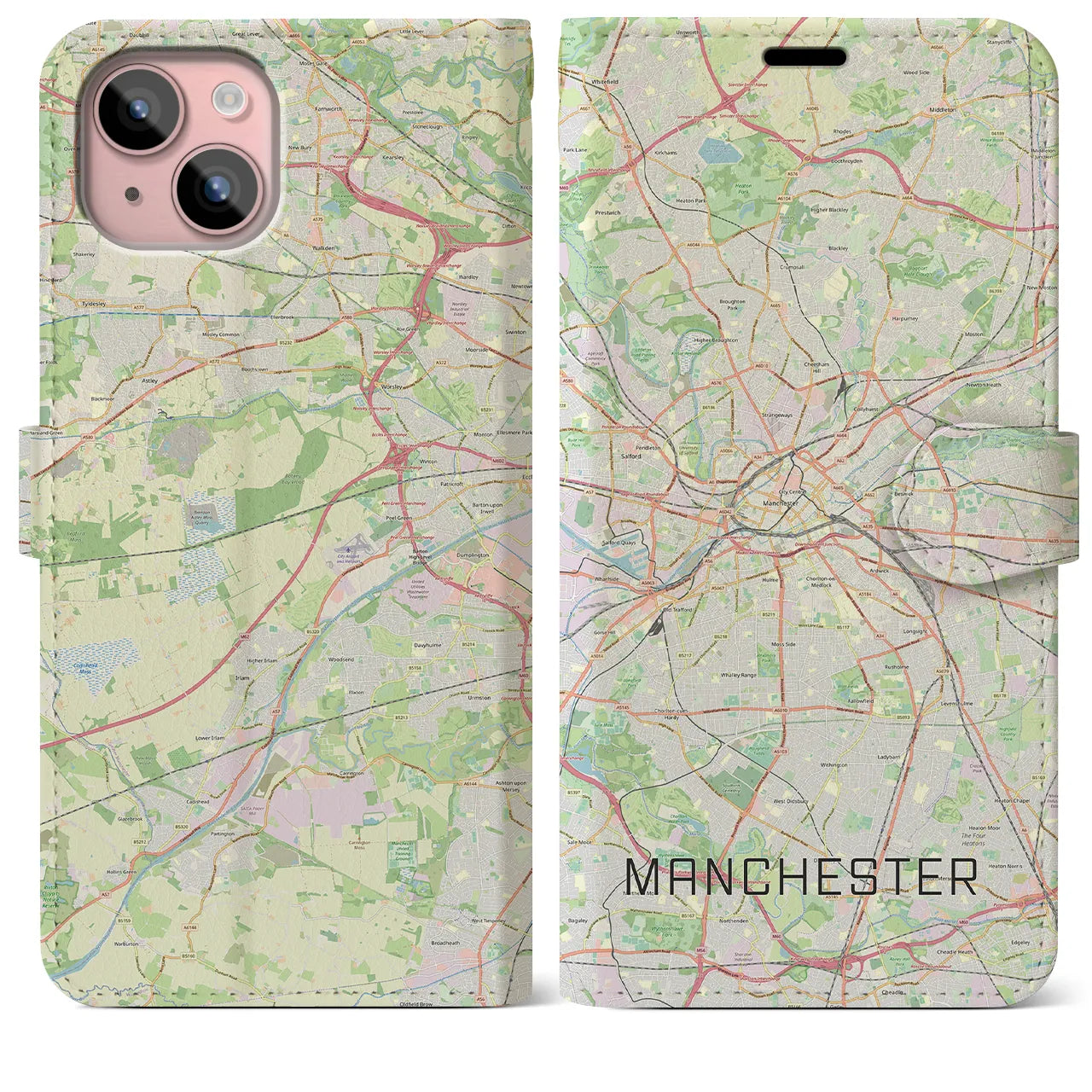 【マンチェスター(イギリス)】地図柄iPhoneケース(手帳タイプ)ナチュラル・iPhone 15 Plus 用