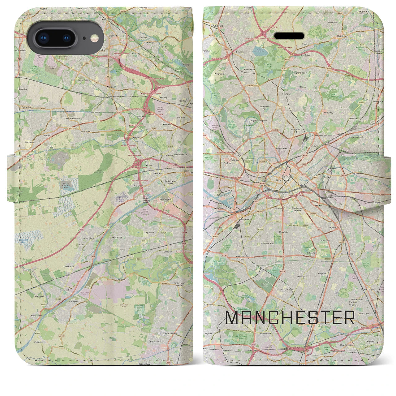 【マンチェスター(イギリス)】地図柄iPhoneケース(手帳タイプ)ナチュラル・iPhone 8Plus /7Plus / 6sPlus / 6Plus 用