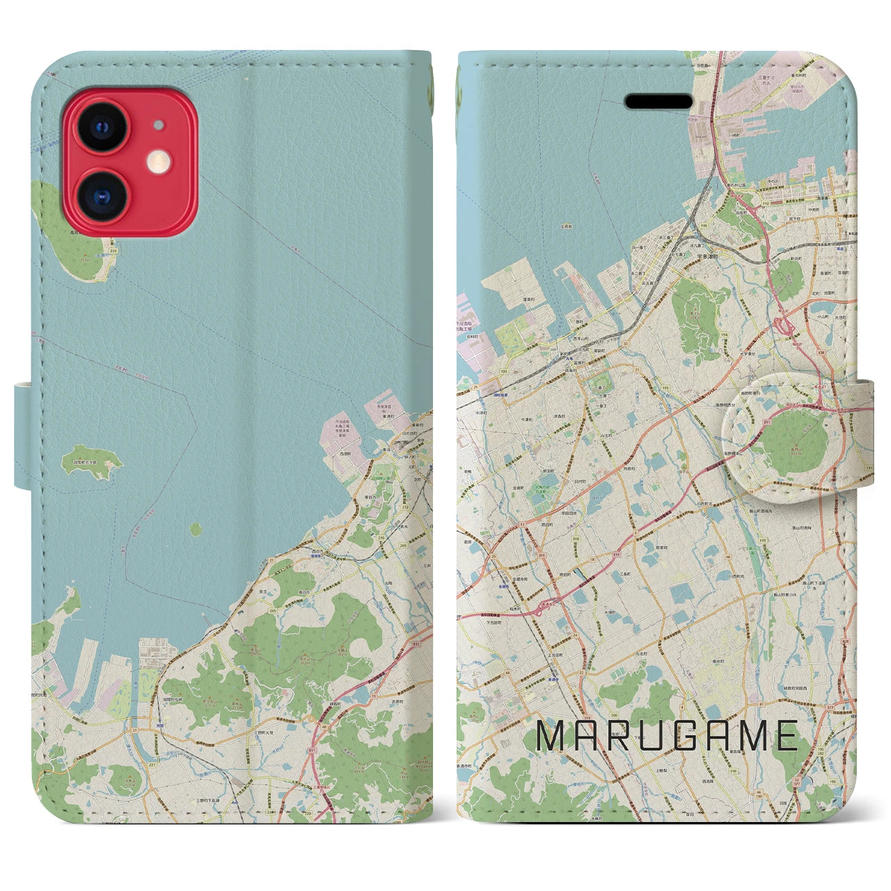 【丸亀(香川県)】地図柄iPhoneケース(手帳タイプ)ナチュラル・iPhone 11 用