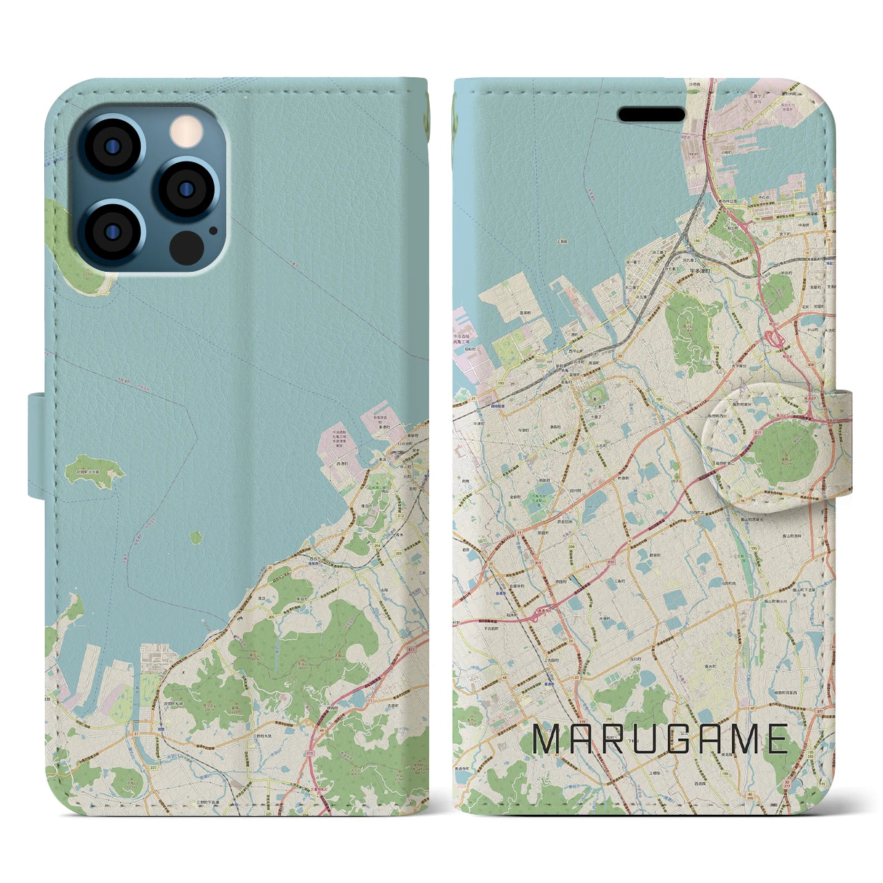 【丸亀(香川県)】地図柄iPhoneケース(手帳タイプ)ナチュラル・iPhone 12 / 12 Pro 用