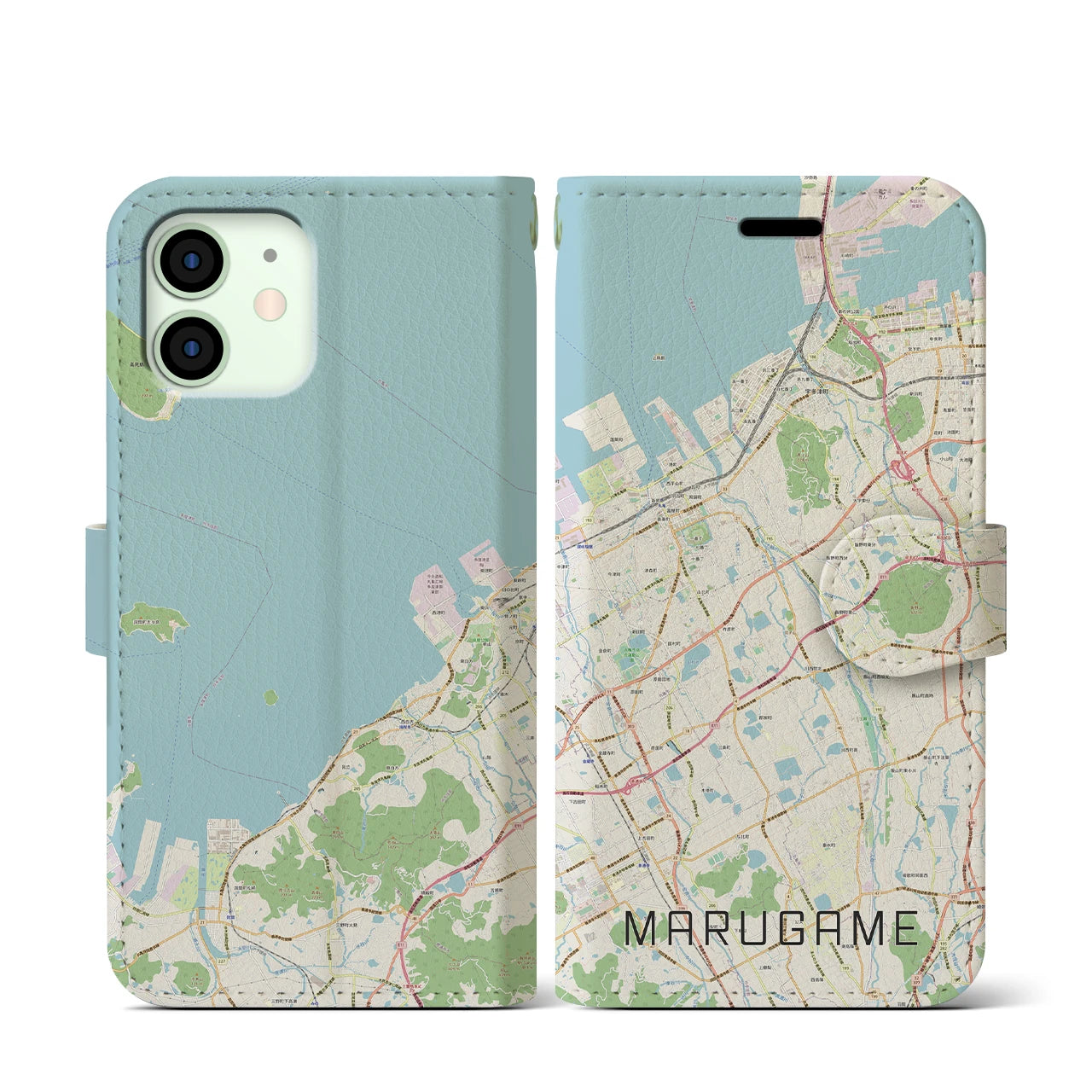 【丸亀(香川県)】地図柄iPhoneケース(手帳タイプ)ナチュラル・iPhone 12 mini 用