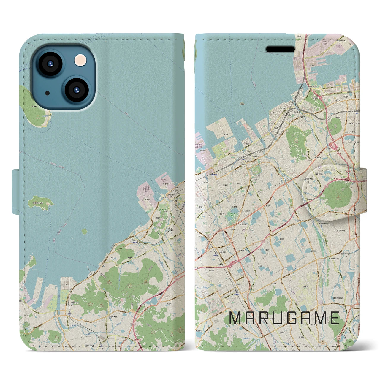 【丸亀(香川県)】地図柄iPhoneケース(手帳タイプ)ナチュラル・iPhone 13 用