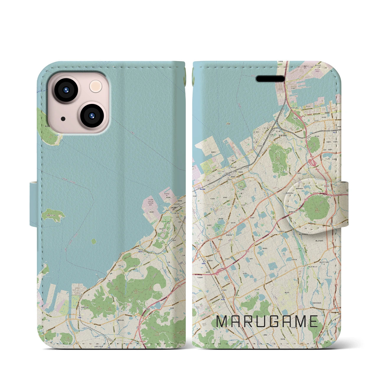【丸亀(香川県)】地図柄iPhoneケース(手帳タイプ)ナチュラル・iPhone 13 mini 用