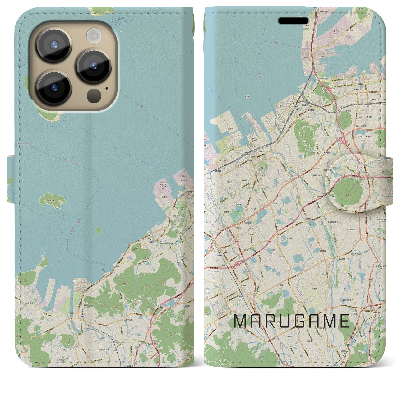 【丸亀(香川県)】地図柄iPhoneケース(手帳タイプ)ナチュラル・iPhone 14 Pro Max 用