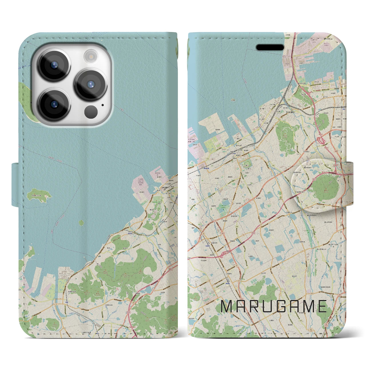 【丸亀(香川県)】地図柄iPhoneケース(手帳タイプ)ナチュラル・iPhone 14 Pro 用