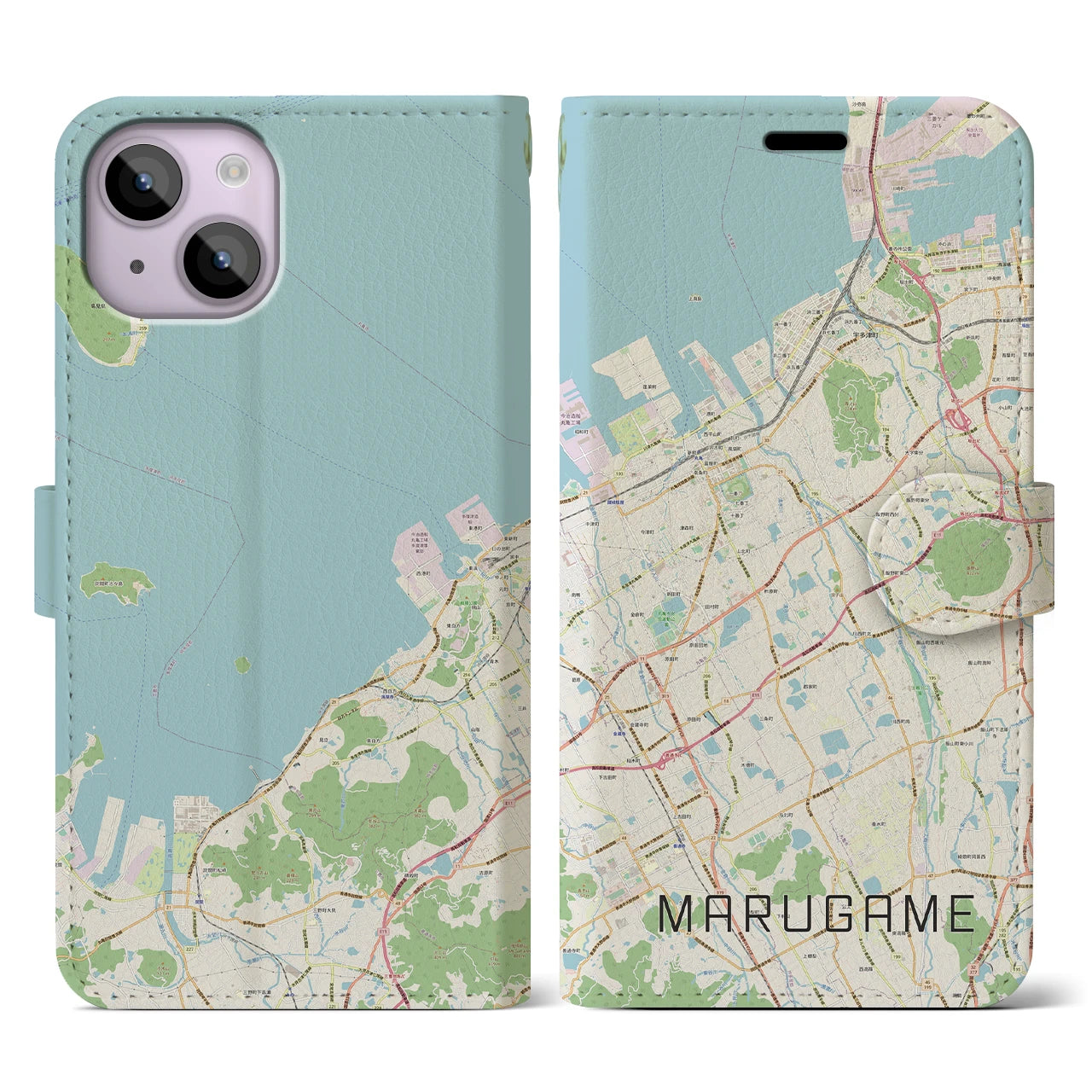 【丸亀(香川県)】地図柄iPhoneケース(手帳タイプ)ナチュラル・iPhone 14 用