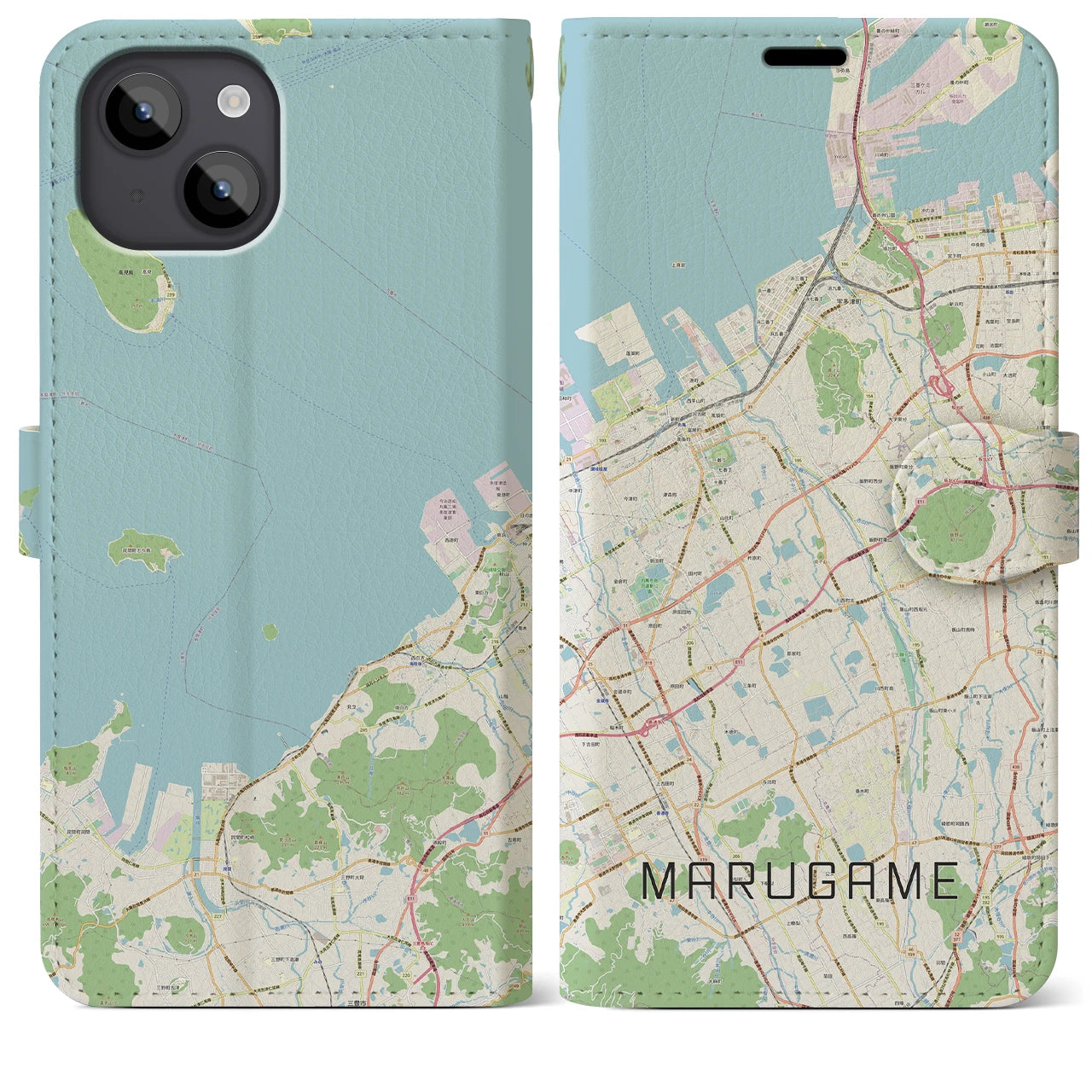 【丸亀(香川県)】地図柄iPhoneケース(手帳タイプ)ナチュラル・iPhone 14 Plus 用