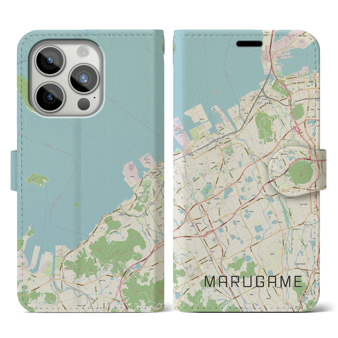 【丸亀(香川県)】地図柄iPhoneケース(手帳タイプ)ナチュラル・iPhone 15 Pro 用