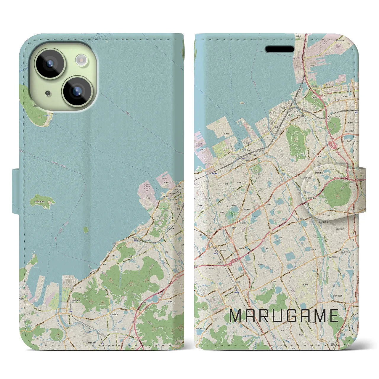 【丸亀(香川県)】地図柄iPhoneケース(手帳タイプ)ナチュラル・iPhone 15 用