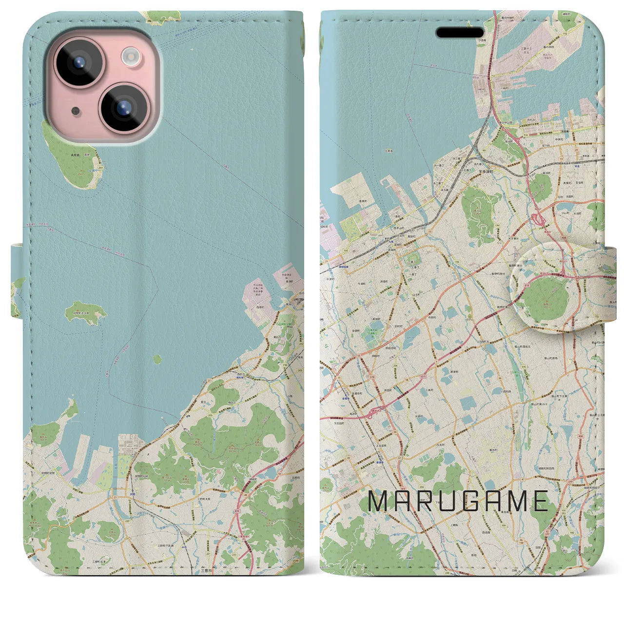 【丸亀(香川県)】地図柄iPhoneケース(手帳タイプ)ナチュラル・iPhone 15 Plus 用