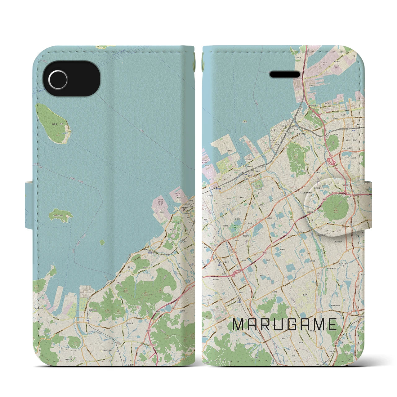 【丸亀(香川県)】地図柄iPhoneケース(手帳タイプ)ナチュラル・iPhone SE(第3 / 第2世代) / 8 / 7 / 6s / 6 用
