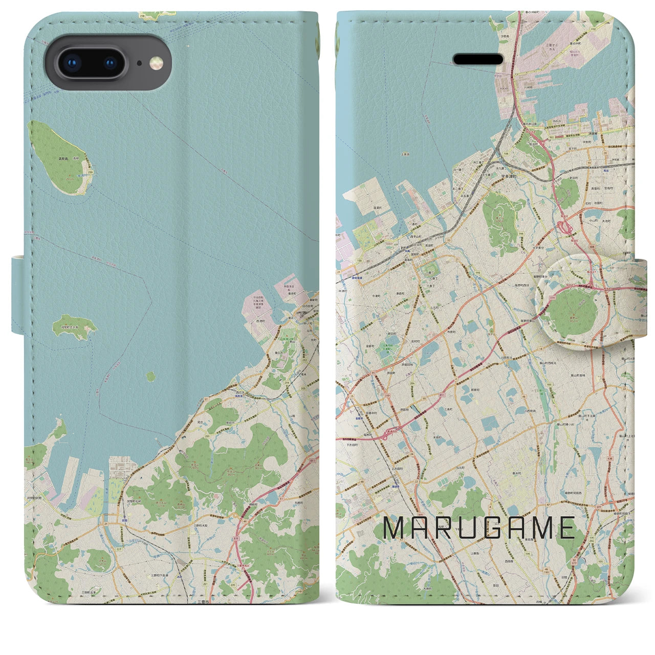 【丸亀(香川県)】地図柄iPhoneケース(手帳タイプ)ナチュラル・iPhone 8Plus /7Plus / 6sPlus / 6Plus 用