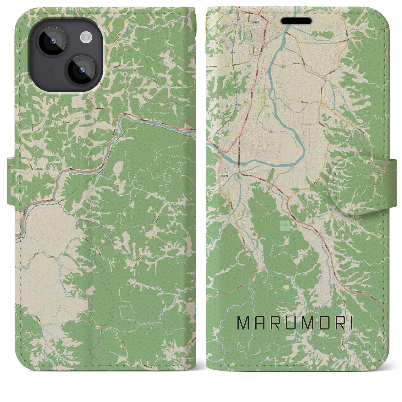 【丸森(宮城県)】地図柄iPhoneケース(手帳タイプ)ナチュラル・iPhone 14 Plus 用