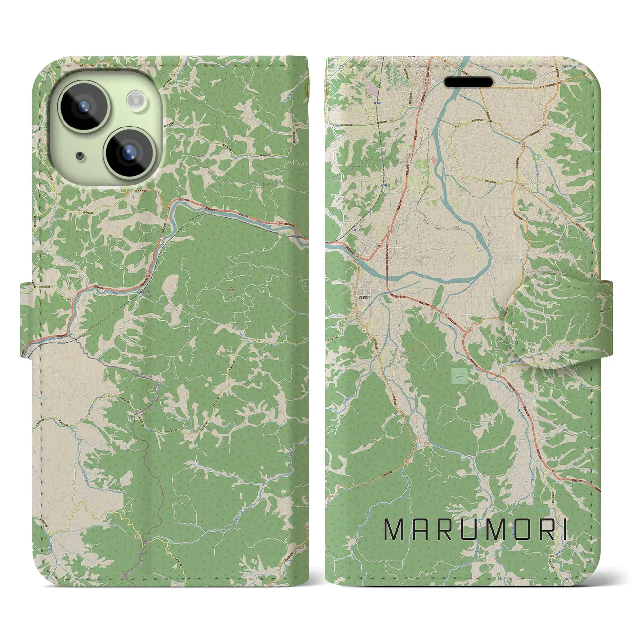 【丸森(宮城県)】地図柄iPhoneケース(手帳タイプ)ナチュラル・iPhone 15 用