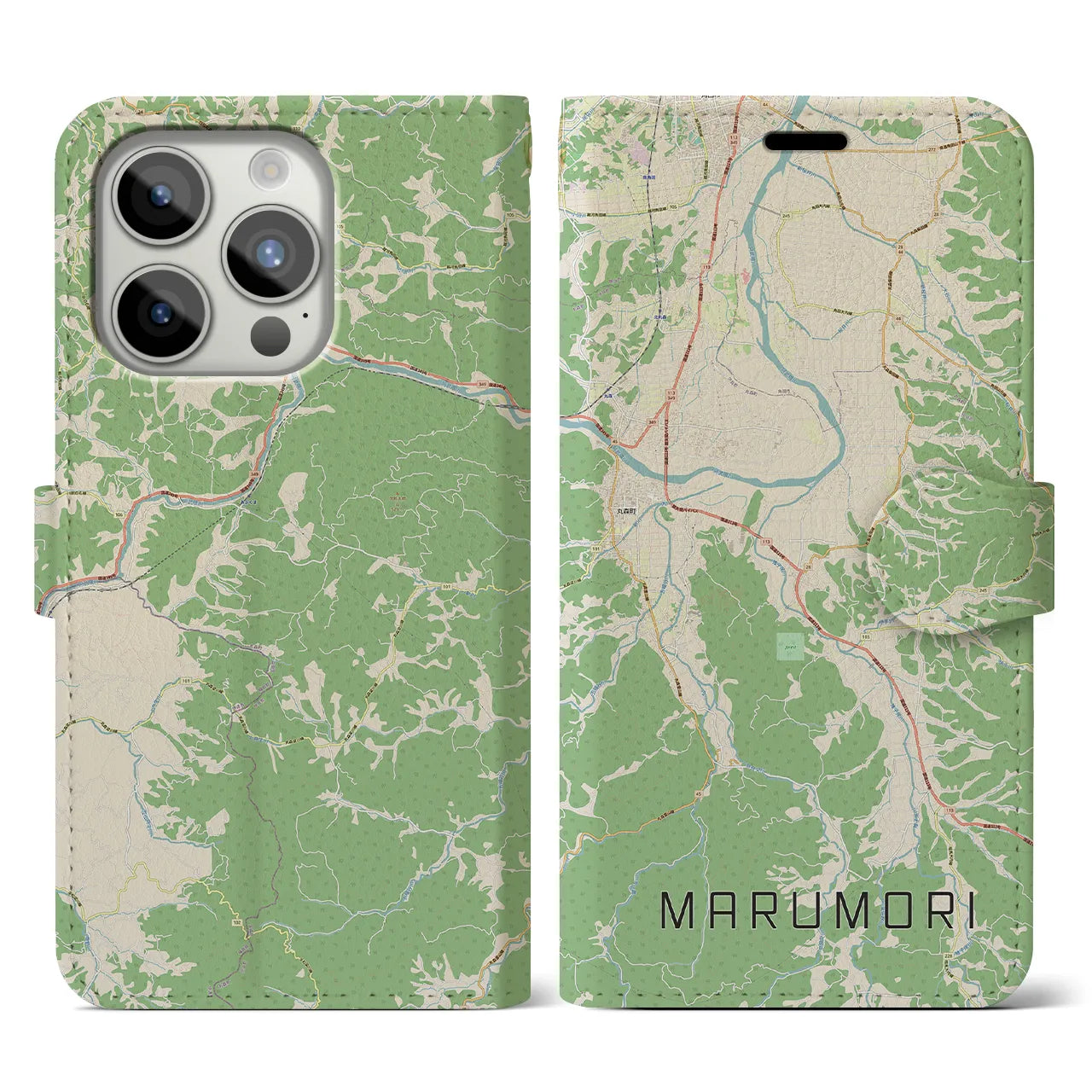 【丸森(宮城県)】地図柄iPhoneケース(手帳タイプ)ナチュラル・iPhone 15 Pro 用