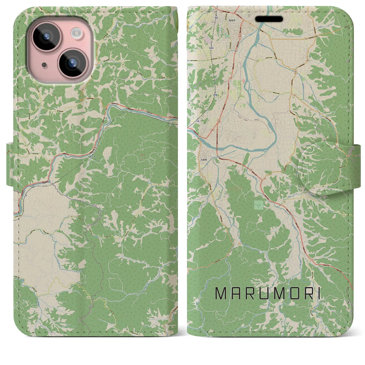 【丸森(宮城県)】地図柄iPhoneケース(手帳タイプ)ナチュラル・iPhone 15 Plus 用