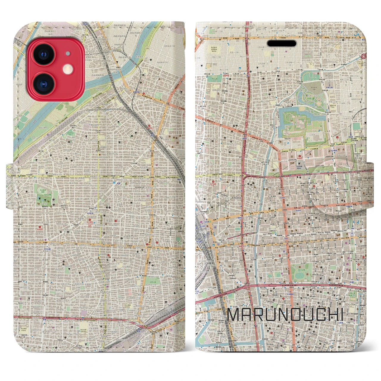 【丸の内(愛知県)】地図柄iPhoneケース(手帳タイプ)ナチュラル・iPhone 11 用