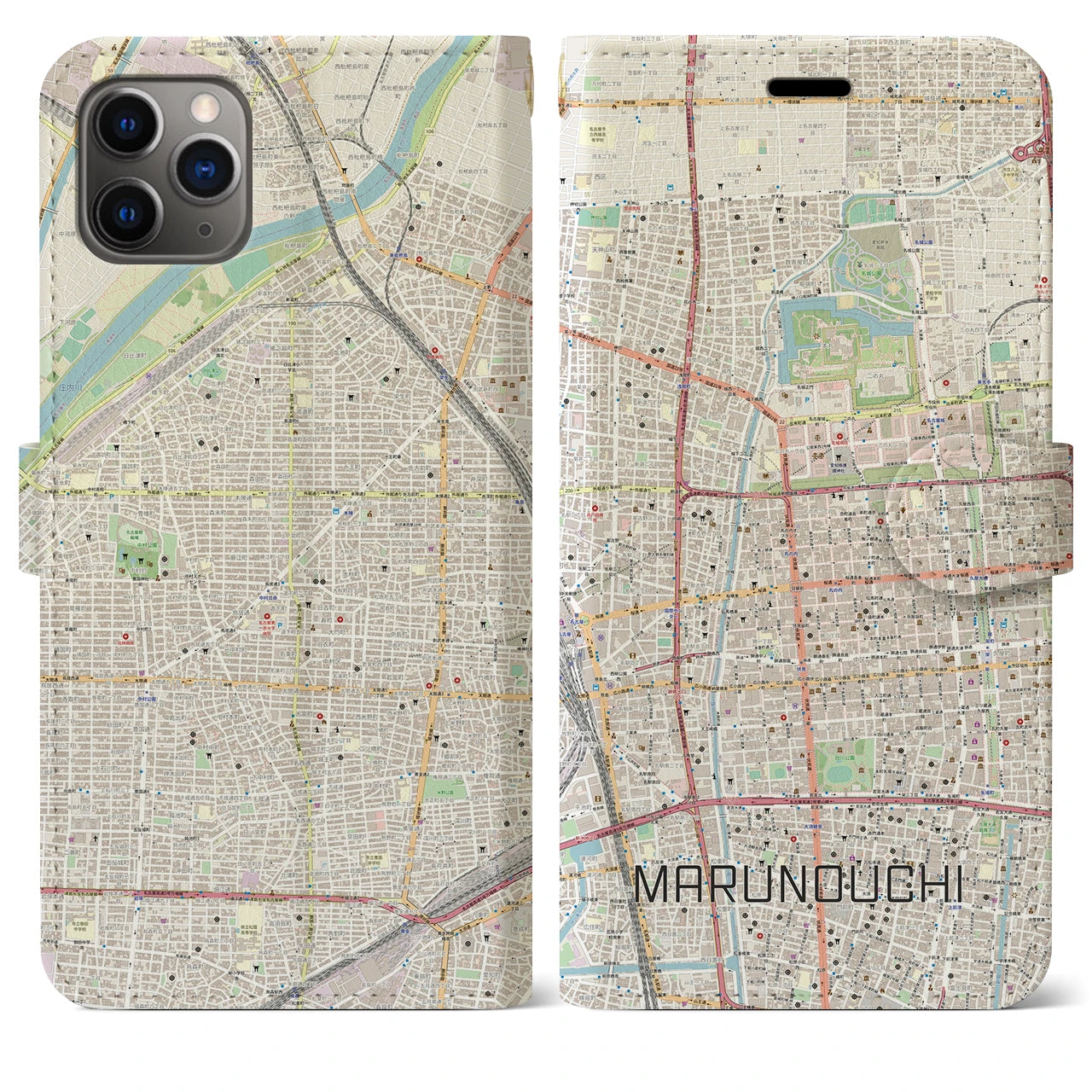 【丸の内(愛知県)】地図柄iPhoneケース(手帳タイプ)ナチュラル・iPhone 11 Pro Max 用