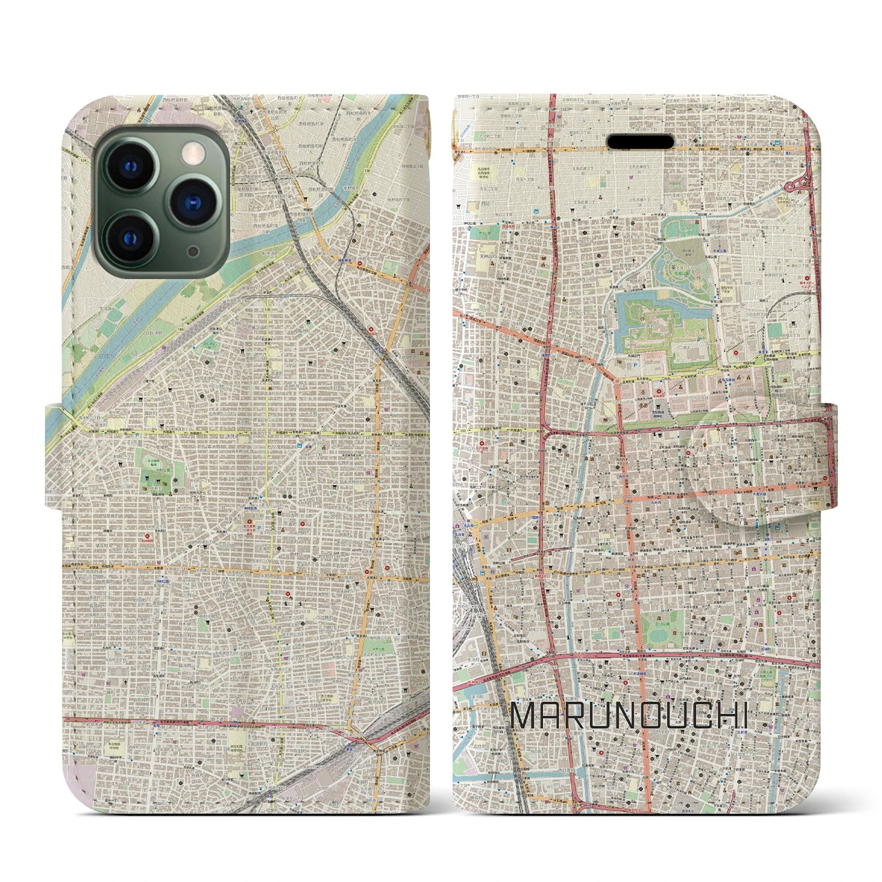 【丸の内(愛知県)】地図柄iPhoneケース(手帳タイプ)ナチュラル・iPhone 11 Pro 用