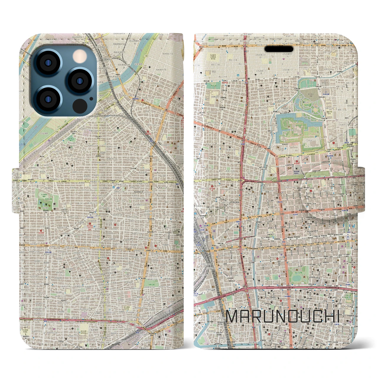 【丸の内(愛知県)】地図柄iPhoneケース(手帳タイプ)ナチュラル・iPhone 12 / 12 Pro 用