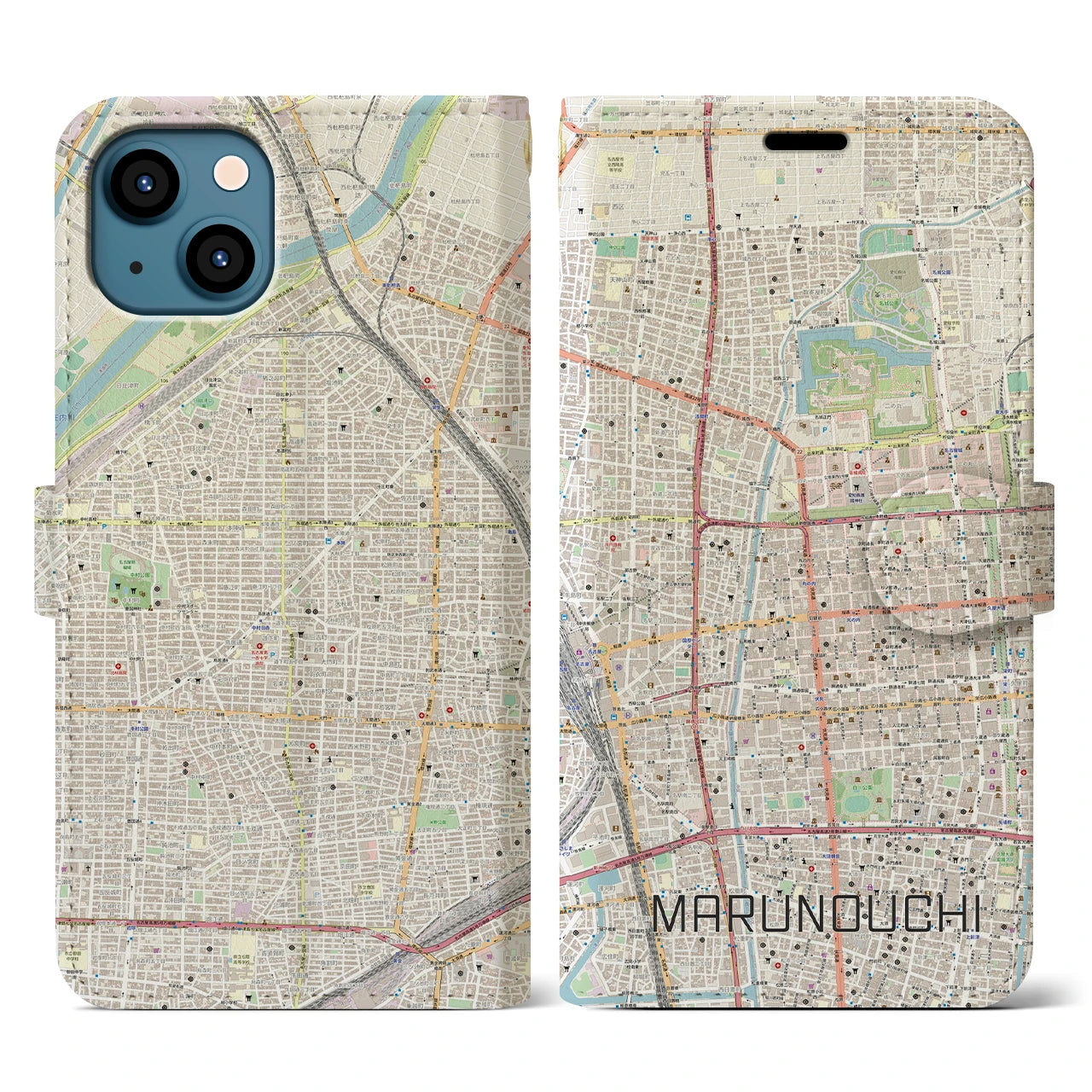【丸の内(愛知県)】地図柄iPhoneケース(手帳タイプ)ナチュラル・iPhone 13 用