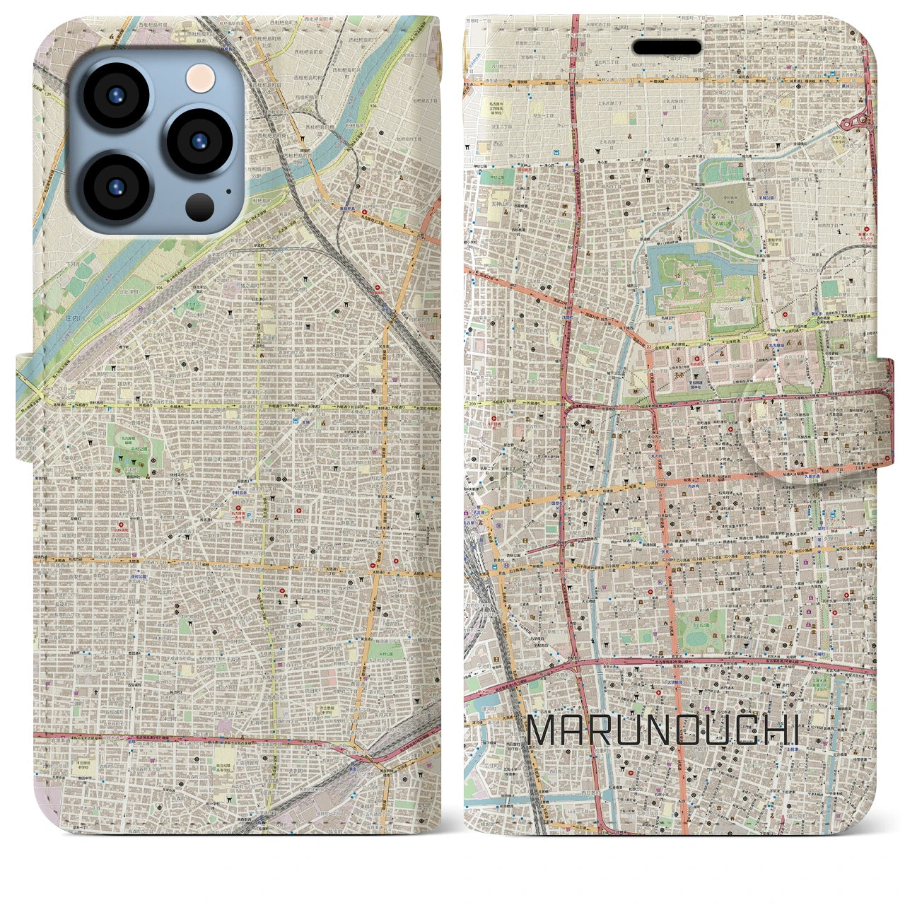 【丸の内(愛知県)】地図柄iPhoneケース(手帳タイプ)ナチュラル・iPhone 13 Pro Max 用