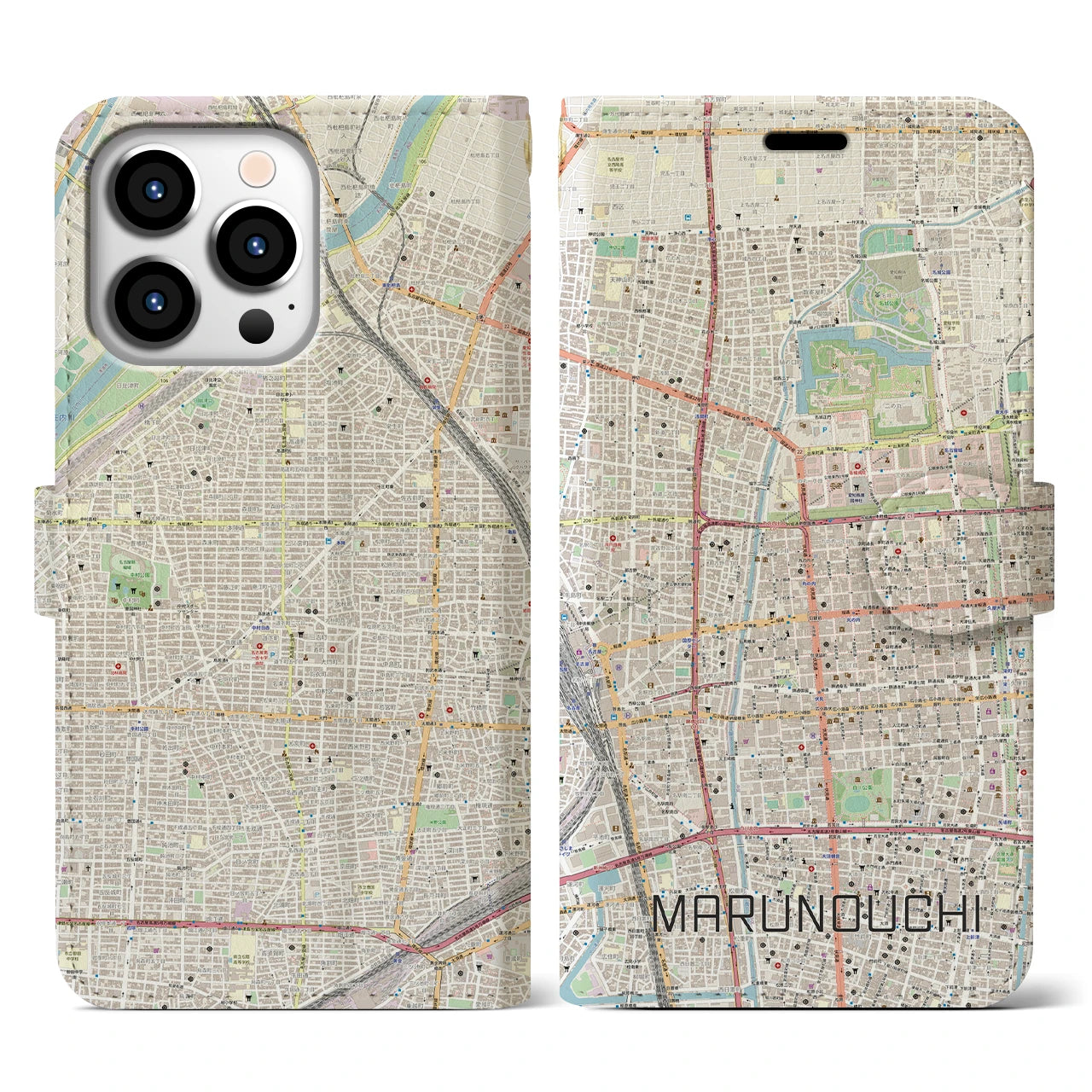 【丸の内(愛知県)】地図柄iPhoneケース(手帳タイプ)ナチュラル・iPhone 13 Pro 用