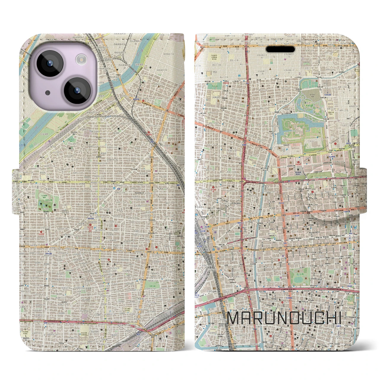 【丸の内(愛知県)】地図柄iPhoneケース(手帳タイプ)ナチュラル・iPhone 14 用