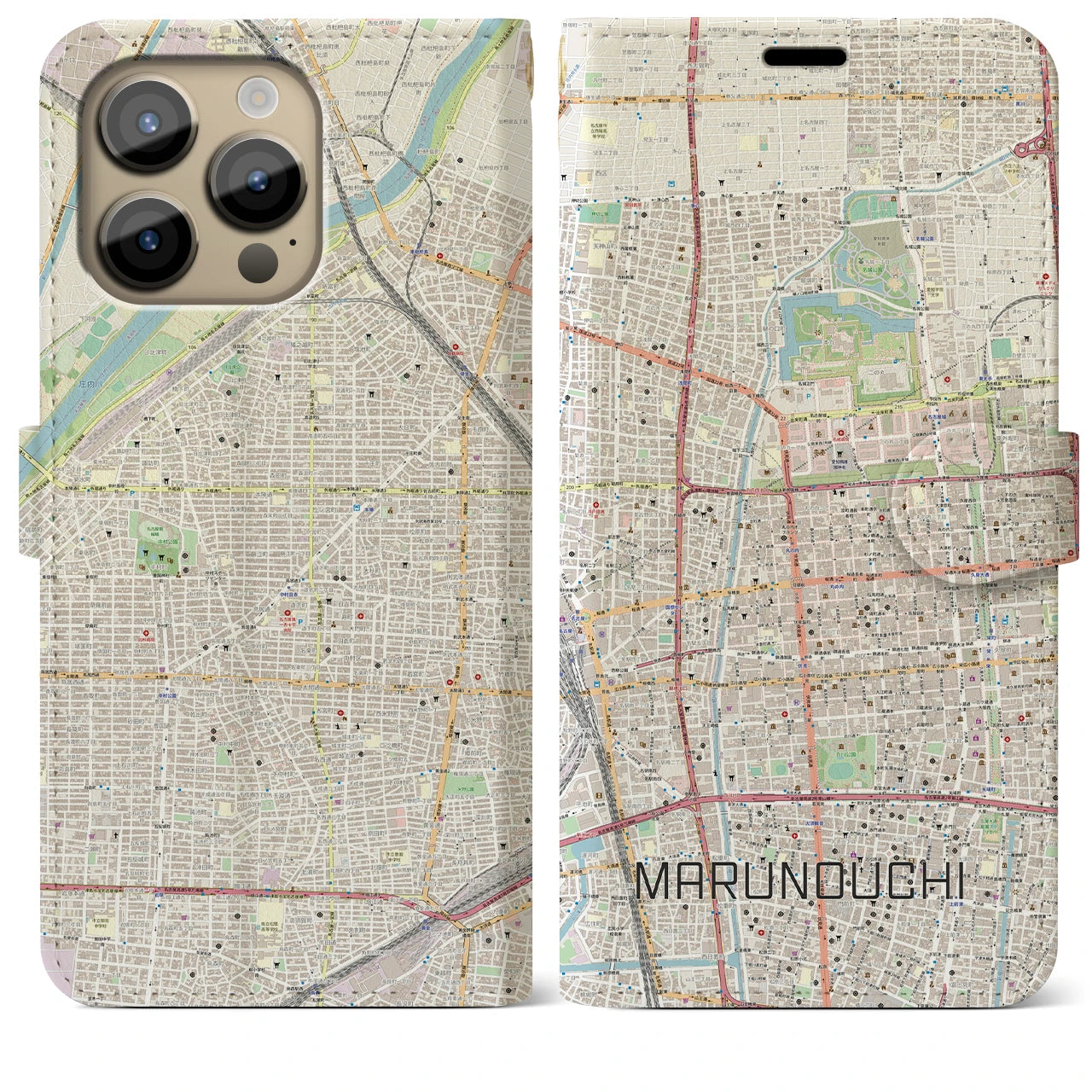 【丸の内(愛知県)】地図柄iPhoneケース(手帳タイプ)ナチュラル・iPhone 14 Pro Max 用