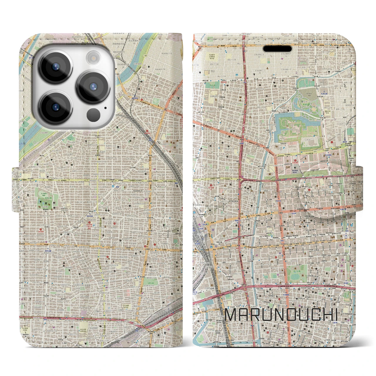 【丸の内(愛知県)】地図柄iPhoneケース(手帳タイプ)ナチュラル・iPhone 14 Pro 用